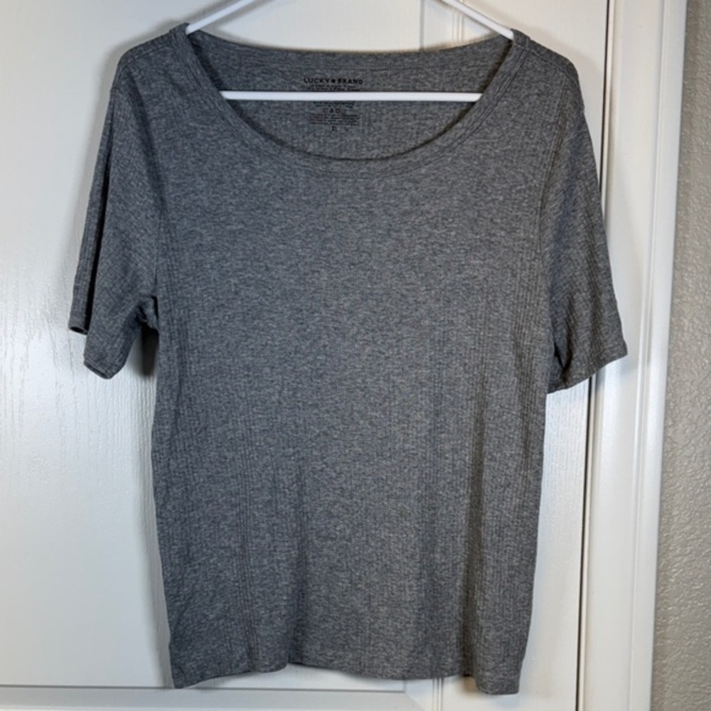 Lucky Brand Gray Ribbed Scoop Neck S/S Shirt Blouse Size XL EUC #2602